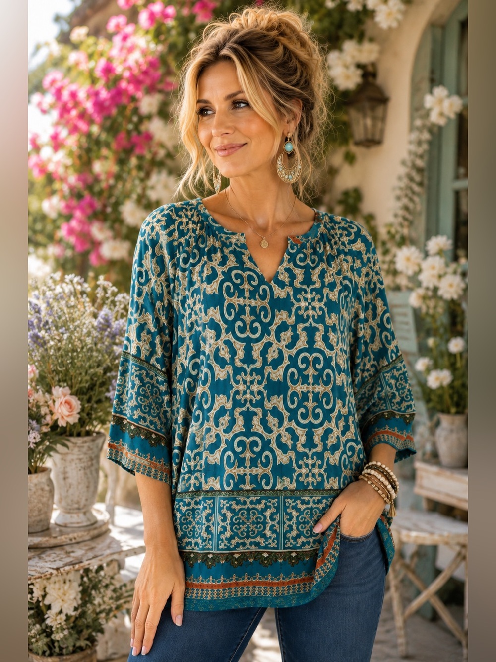 Bebonnie Boho Tunic Top Medium Turquoise Teal Gold Paisley V-Neck 3/4 Sleeve Top